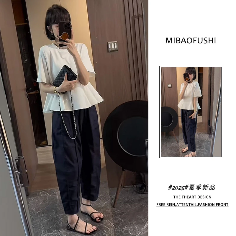 【现货】夏季穿搭一整套2025新款韩系圆领短袖上衣高腰休闲裤两件套
