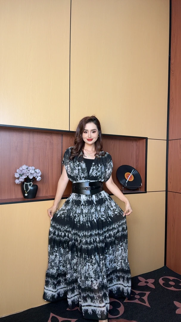 印花夏季拉链高腰长裙短袖连衣裙轻奢连衣裙0299