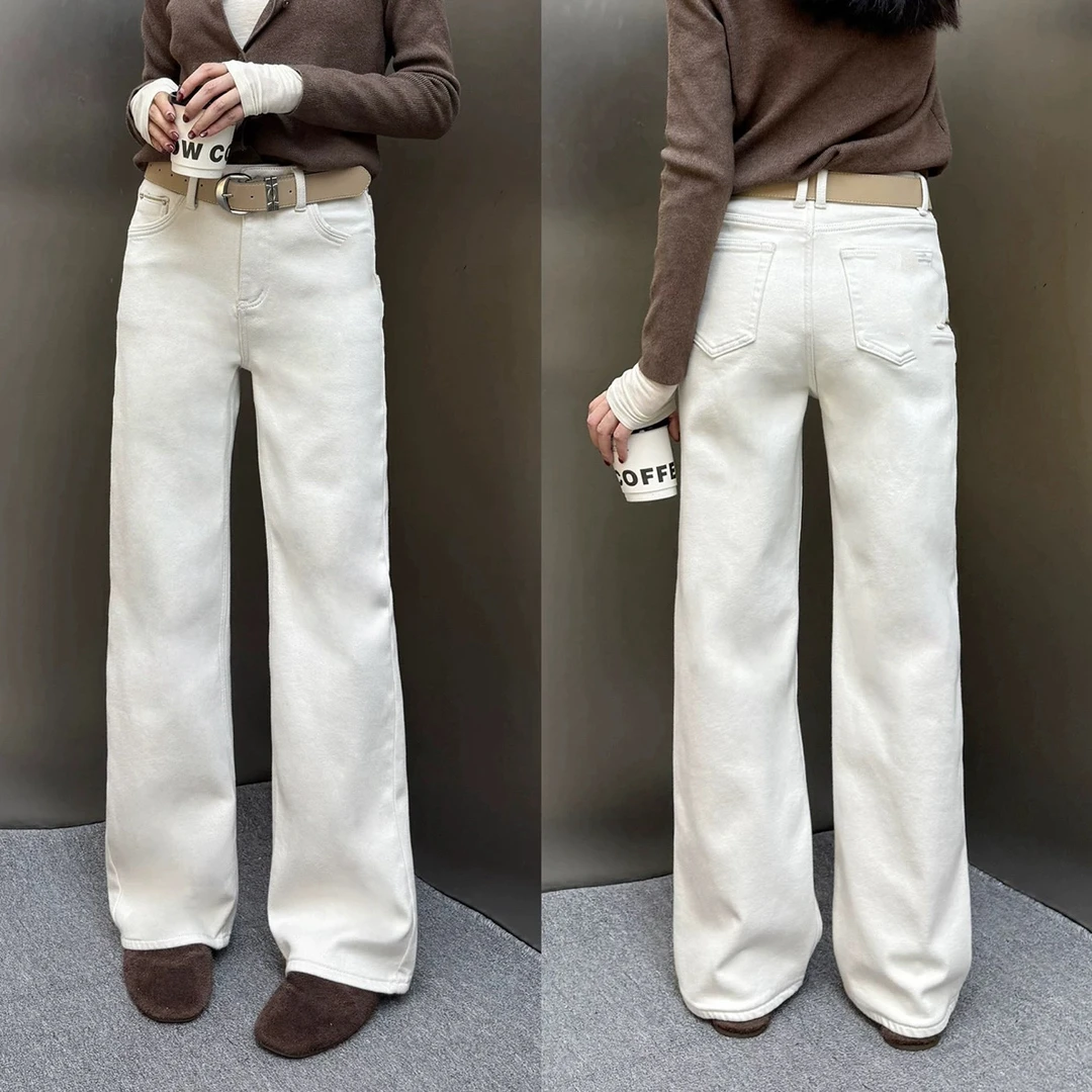 【萍姐】7582 炫吾琥珀白加绒加厚设计感窄版直筒弹力阔腿长裤