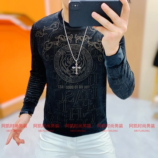 阿凯严选-欧货2025秋季新款男士休闲时尚潮流圆领丝绒打底卫衣