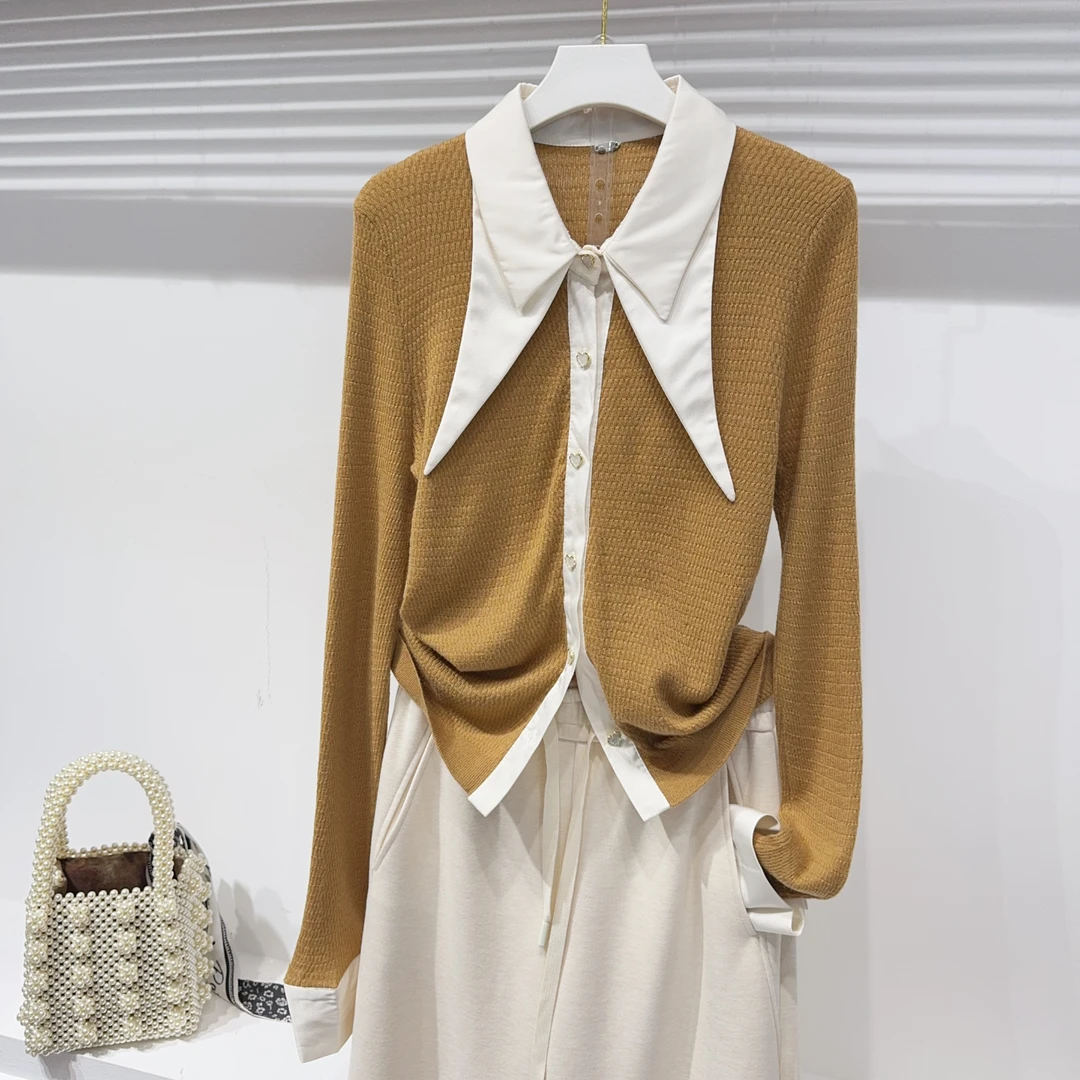 胸84-160长62尖领拼接长袖休闲百搭针织上衣 5181