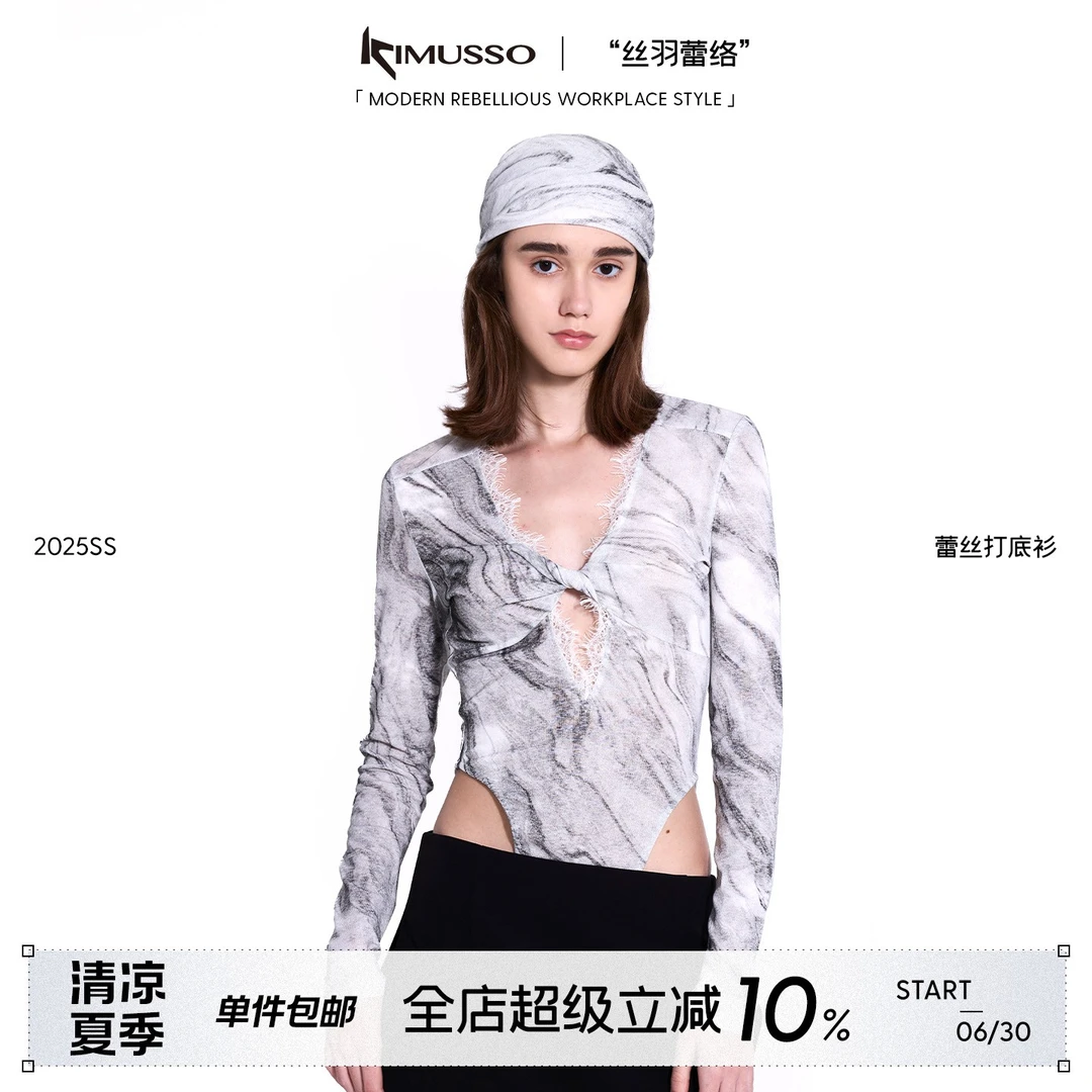 KIMUSSO“丝羽蕾络”蕾丝花边露腰长袖T恤原创设计夏季
