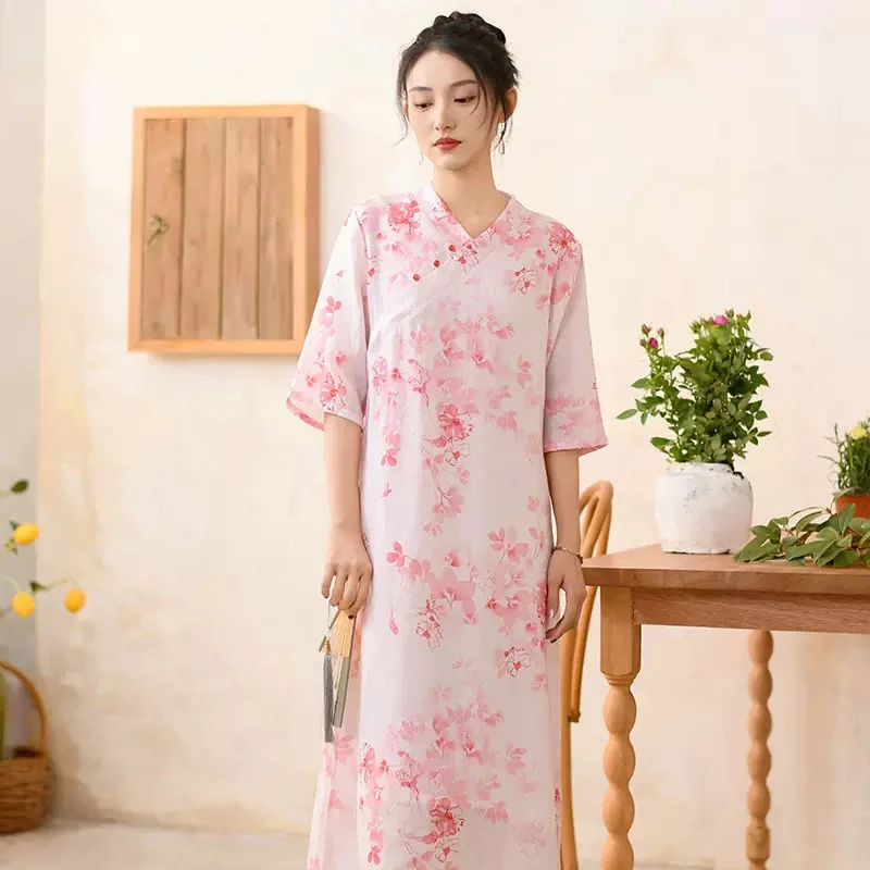 落樱-孤品不退换 苎麻夏季新女复古改良旗袍中国风