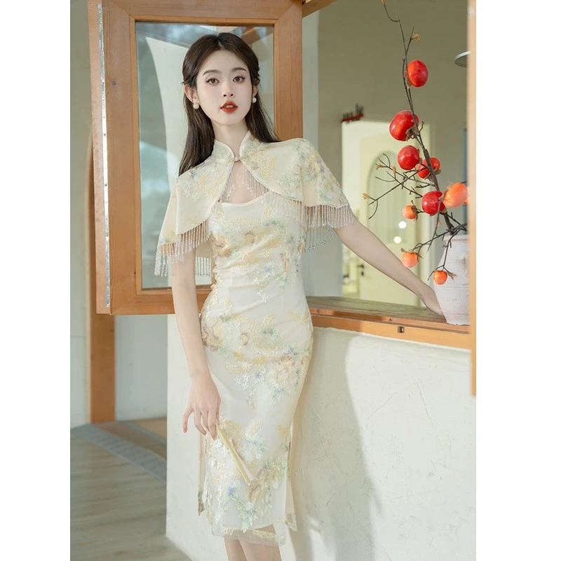 夏季女新中式改良旗袍年轻少女高端流苏披肩两件套旗袍裙套装日常