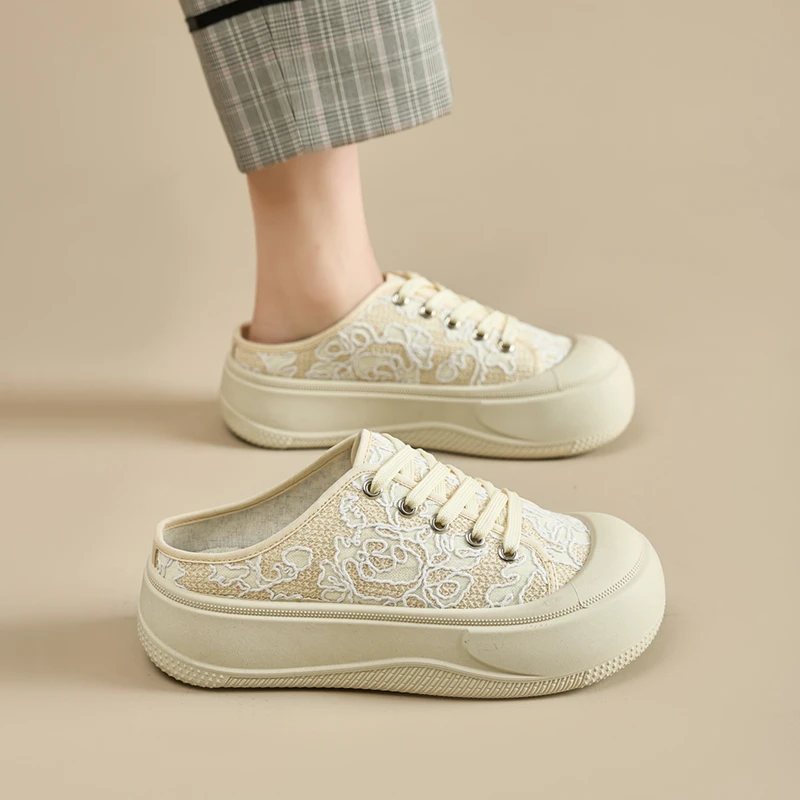 厚底增高小白鞋女2025夏季爆款一脚蹬帆布鞋女休闲透气半拖懒人鞋