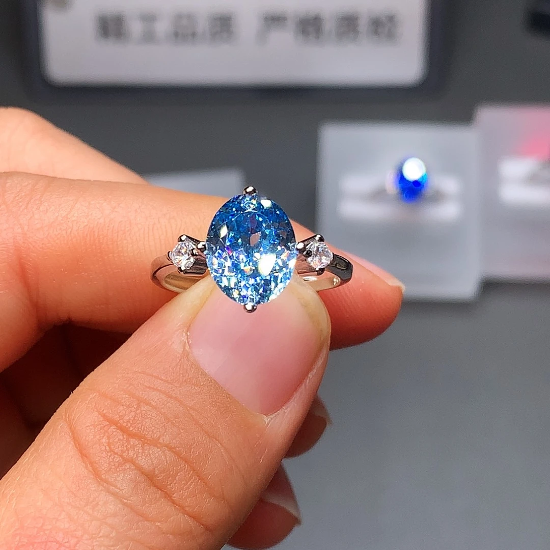 银S925镶嵌戒圈海蓝宝石