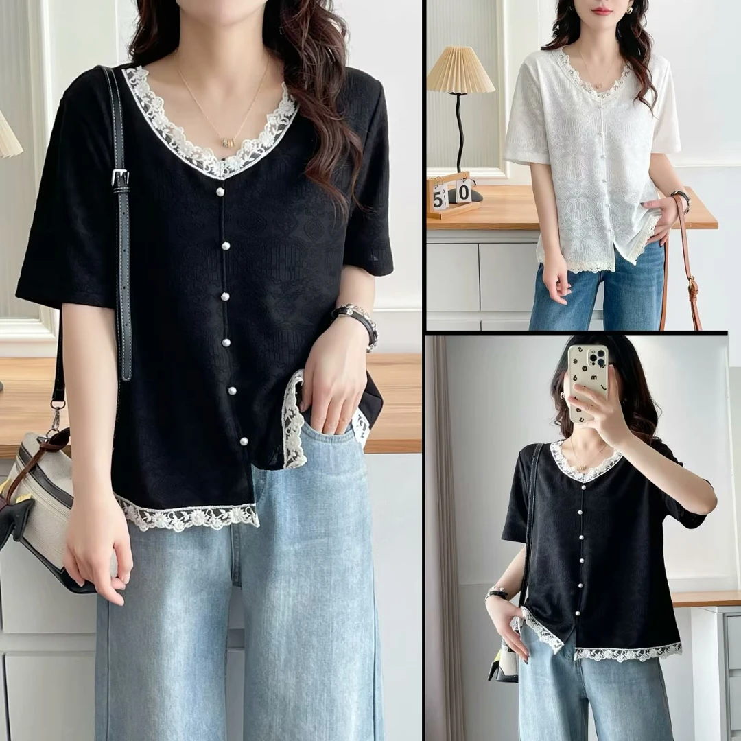 110 - 210斤大码女装夏季胖mm宽松V领蕾丝拼接短袖T恤上衣