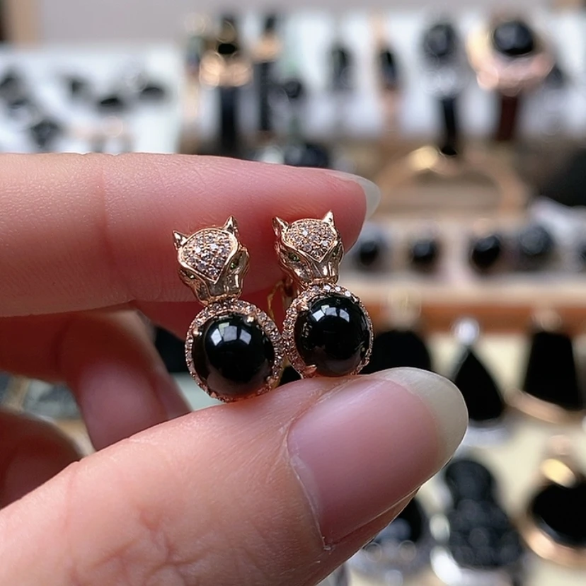 【闪购商品】翡翠耳饰18K金镶嵌豹子头