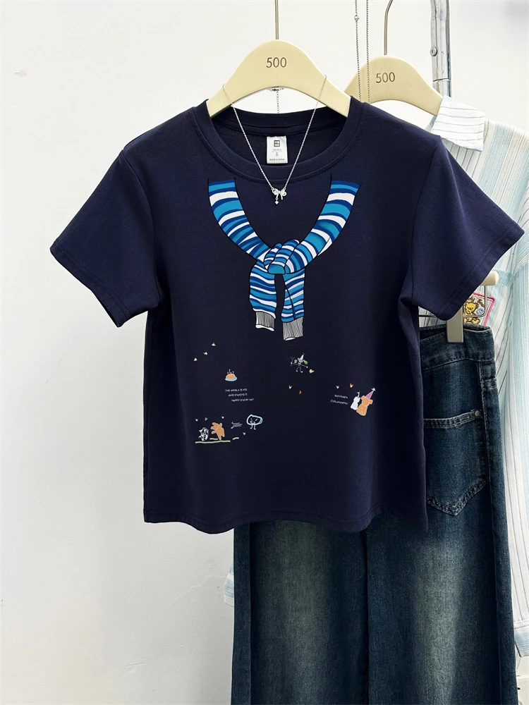 蝴蝶结印花短袖t恤女夏季新款韩系ins风正肩小衫休闲圆领显瘦上衣