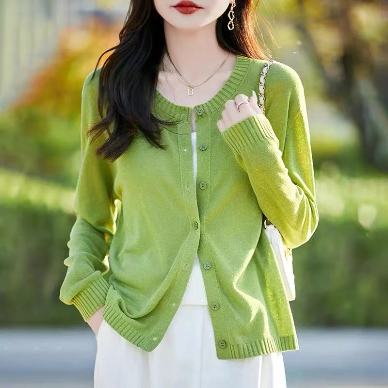 夏季薄款防晒针织开衫女圆领天丝亚麻凉感空调衫短款小外搭