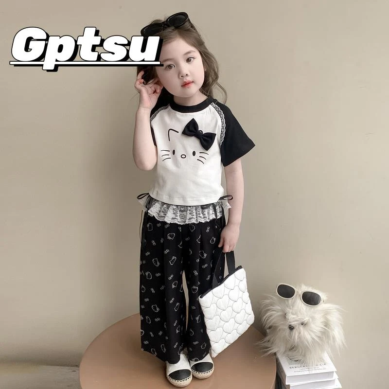 GPTSu女童韩系猫咪短袖款套装儿童洋气衣服2025新款宝宝两件套装