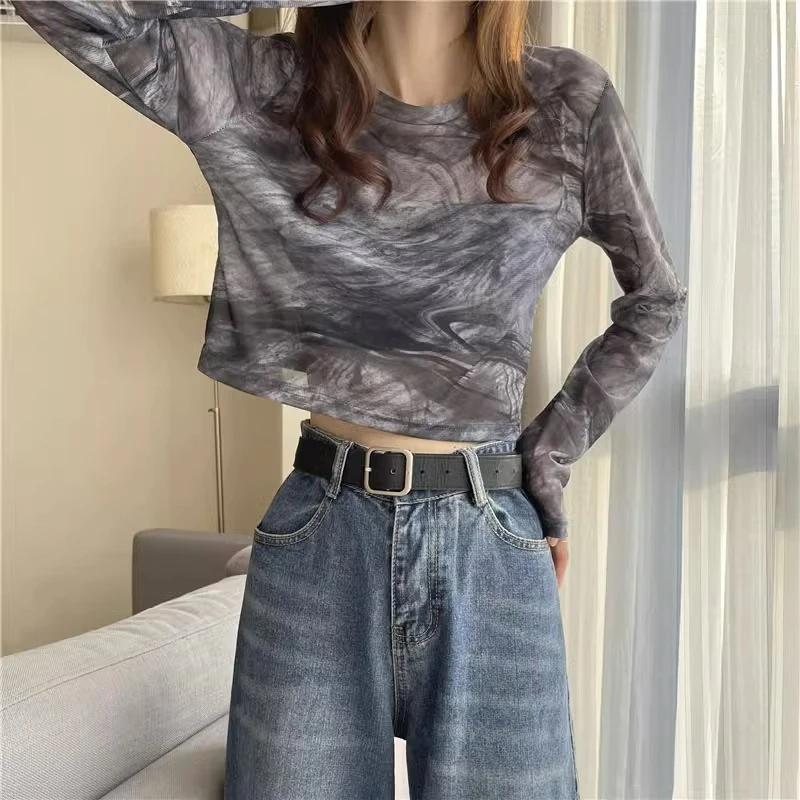 扎染冰丝网纱长袖t恤女夏季薄款2025新款透气防晒衣修身辣妹上衣