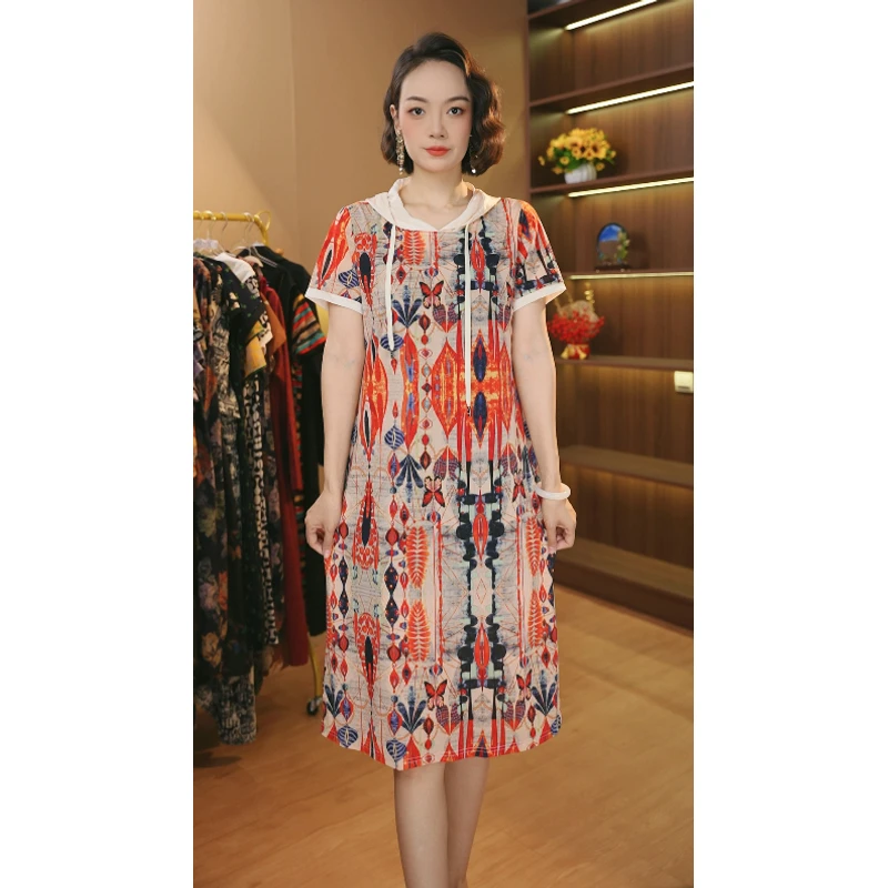 夏季新款波西米亚短袖连帽时尚中老年连衣裙