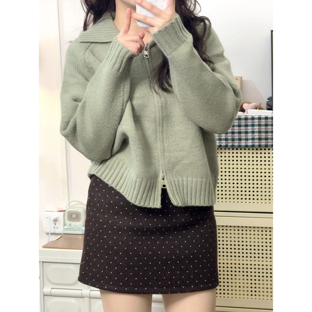 【拉链毛衣开衫】时尚短款纯色连帽慵懒风翻领外穿针织衫显瘦