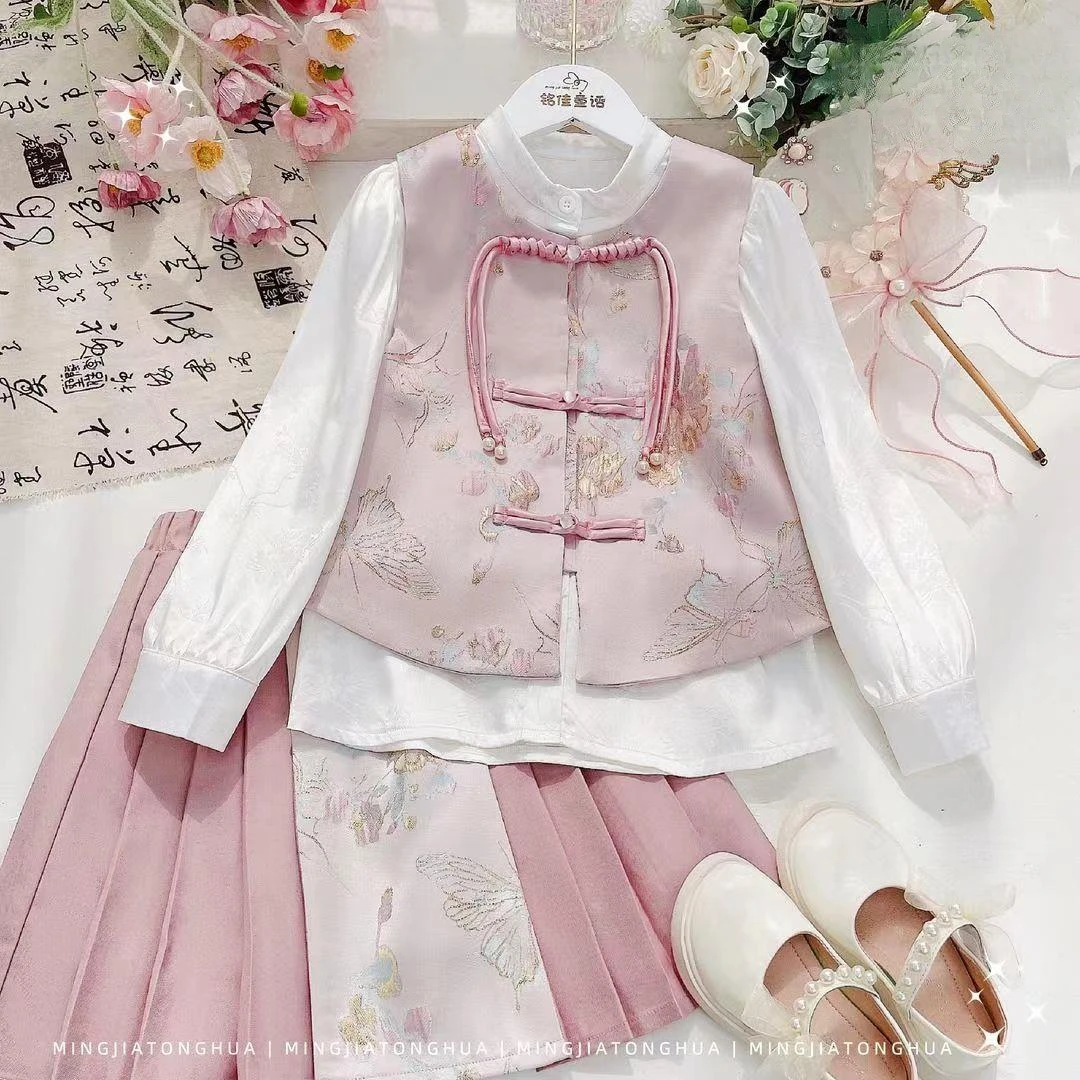 马面裙女童春秋装新款洋气小女孩新中式套装儿童国风唐装百褶裙子