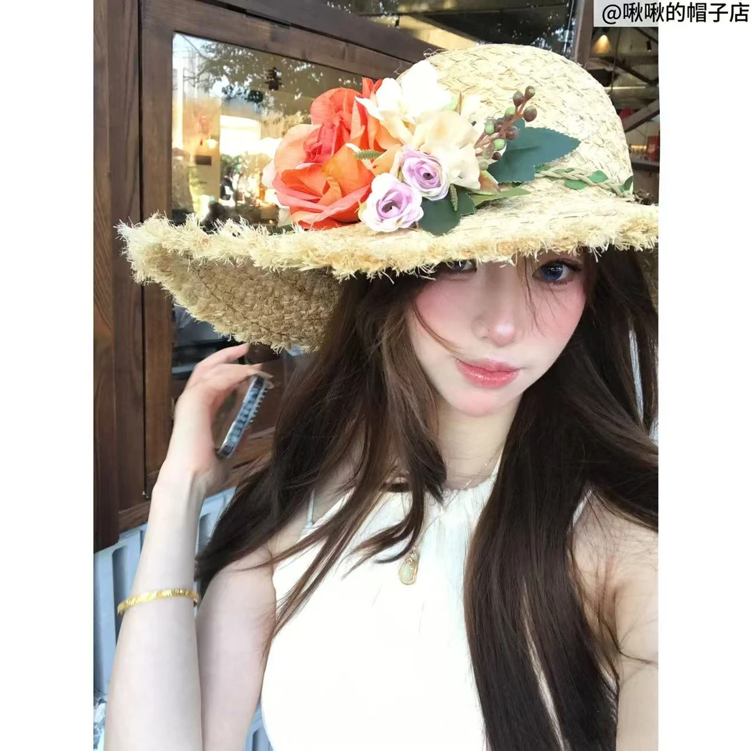 雅乔专属|拉菲草帽手工法式花朵编织度假风海边大帽檐帽子