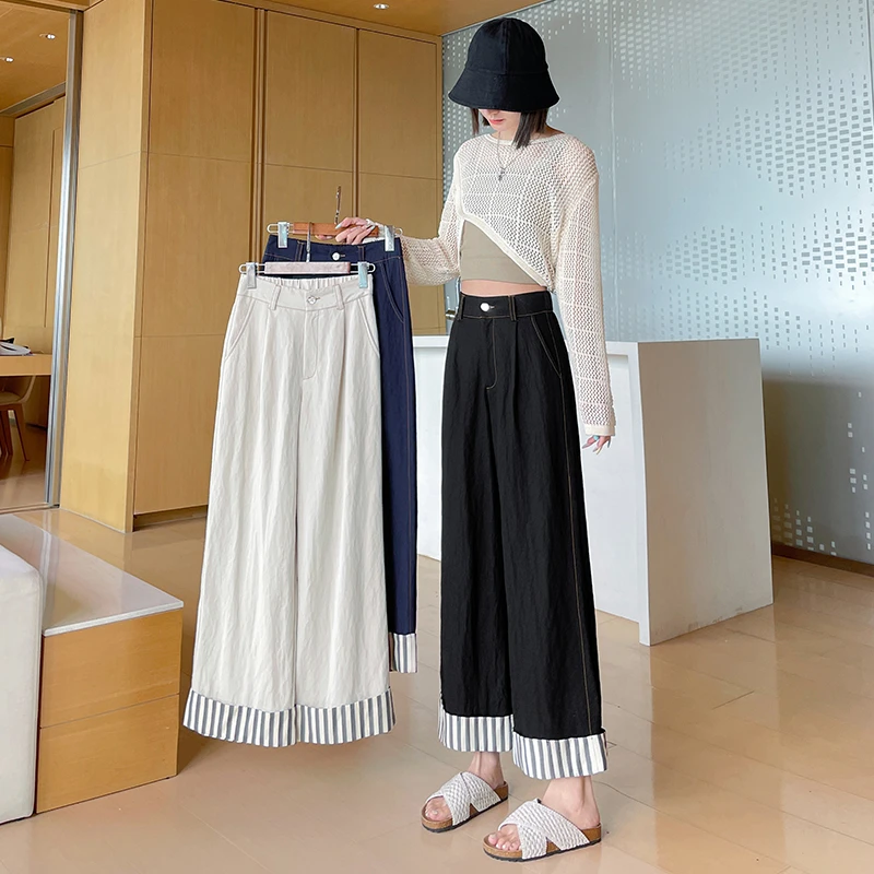 2025夏季新品小个子设计感裤脚条纹翻边阔腿裤女显瘦休闲直筒裤