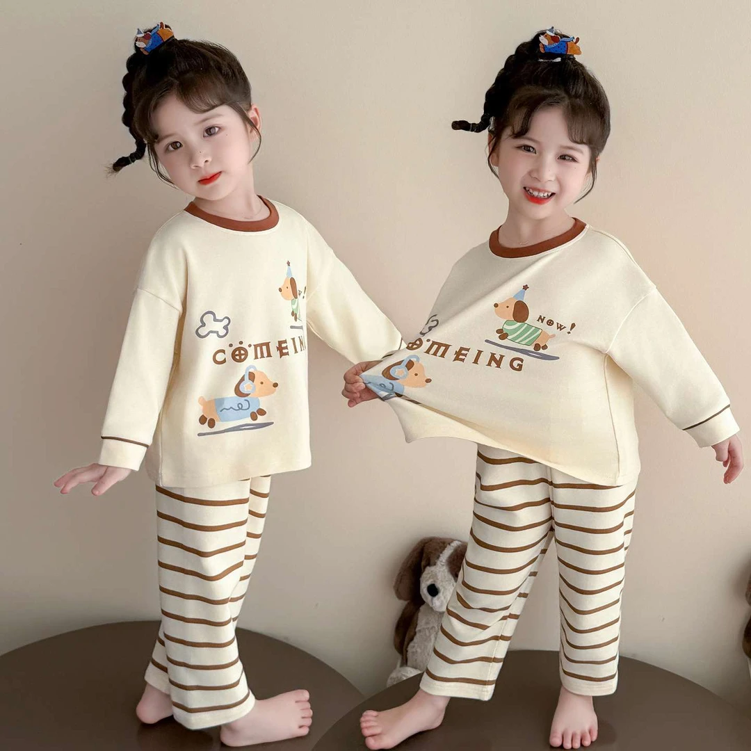 范哲萨女童睡衣春秋款2025新款棉长袖长裤套装儿童卡通小狗条纹家