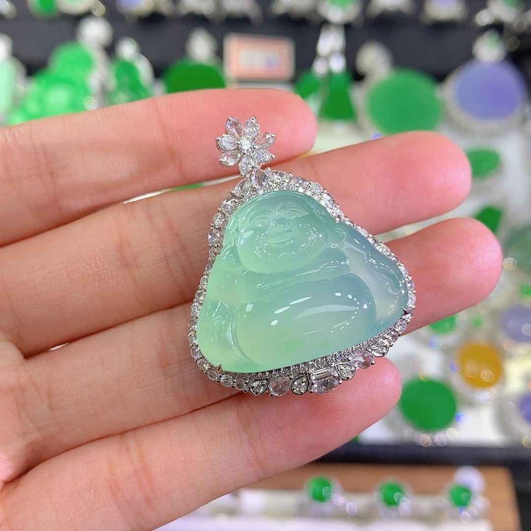 翡翠吊坠(不含链)18K金镶嵌佛公