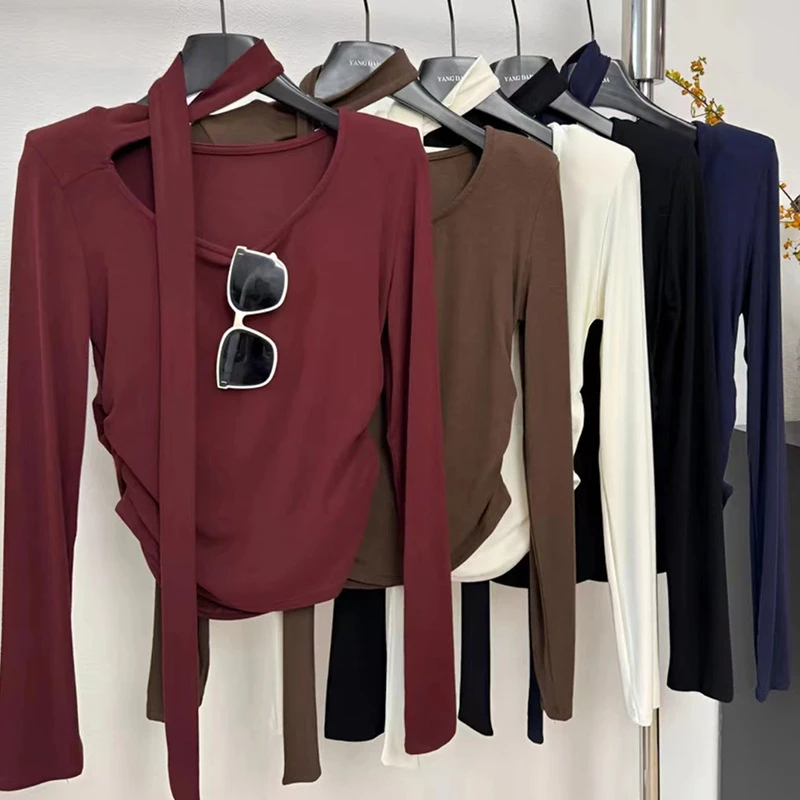 设计感复古性感挂脖收腰长袖T恤女装秋冬纯色修身显瘦百搭打底衫
