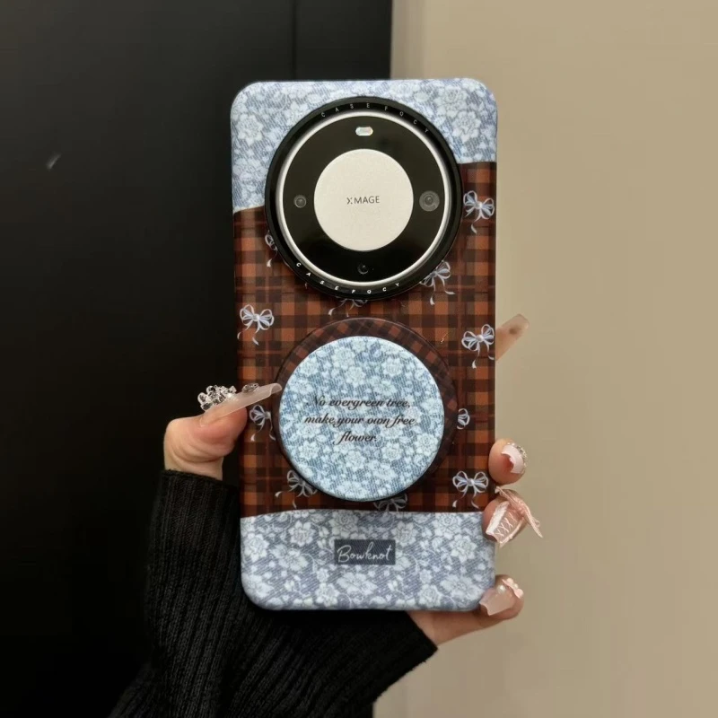 适用华为mate70pro手机壳苹果16pro韩系复古ins棕格纹蓝色蝴蝶结