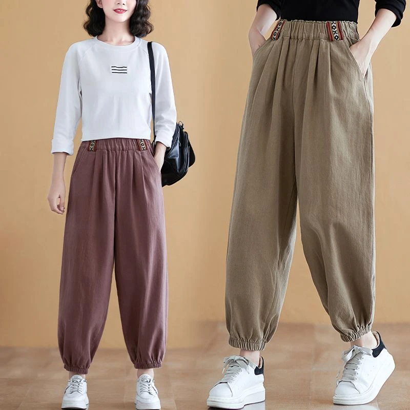 复古纯棉休闲工装哈伦裤女式百搭显瘦运动遮肉紧腰束脚九分灯笼裤