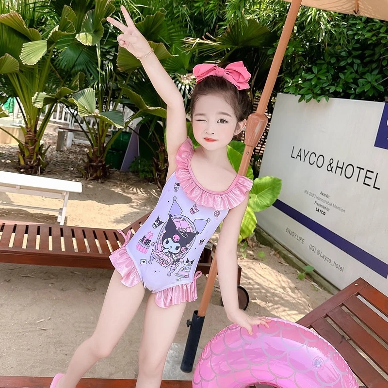 女童库洛米连体泳衣夏季2025新款儿童花边领泳装女宝宝夏装玩水服
