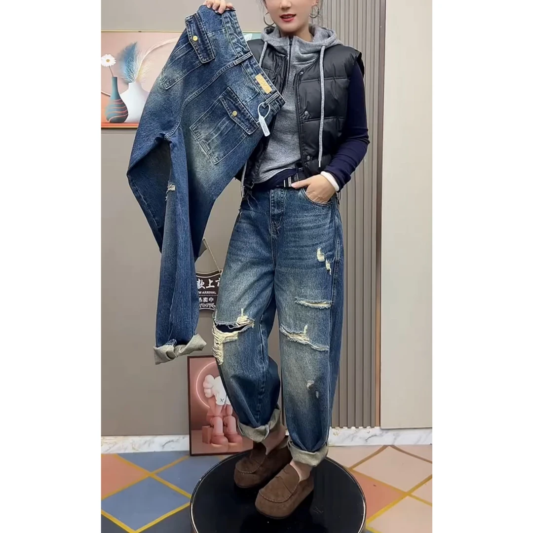 艾塔莉破洞工装风哈伦裤显瘦萝卜裤女秋冬新款牛仔裤阔腿百搭时尚