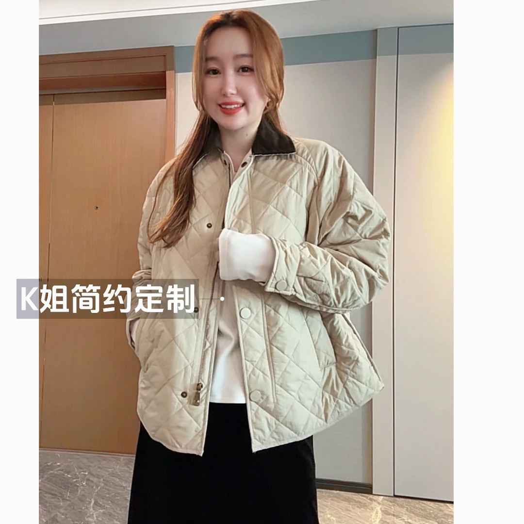 GTNER“KK定制”秋冬新款毛绒翻领菱格棉服时尚百搭宽松外套D2135