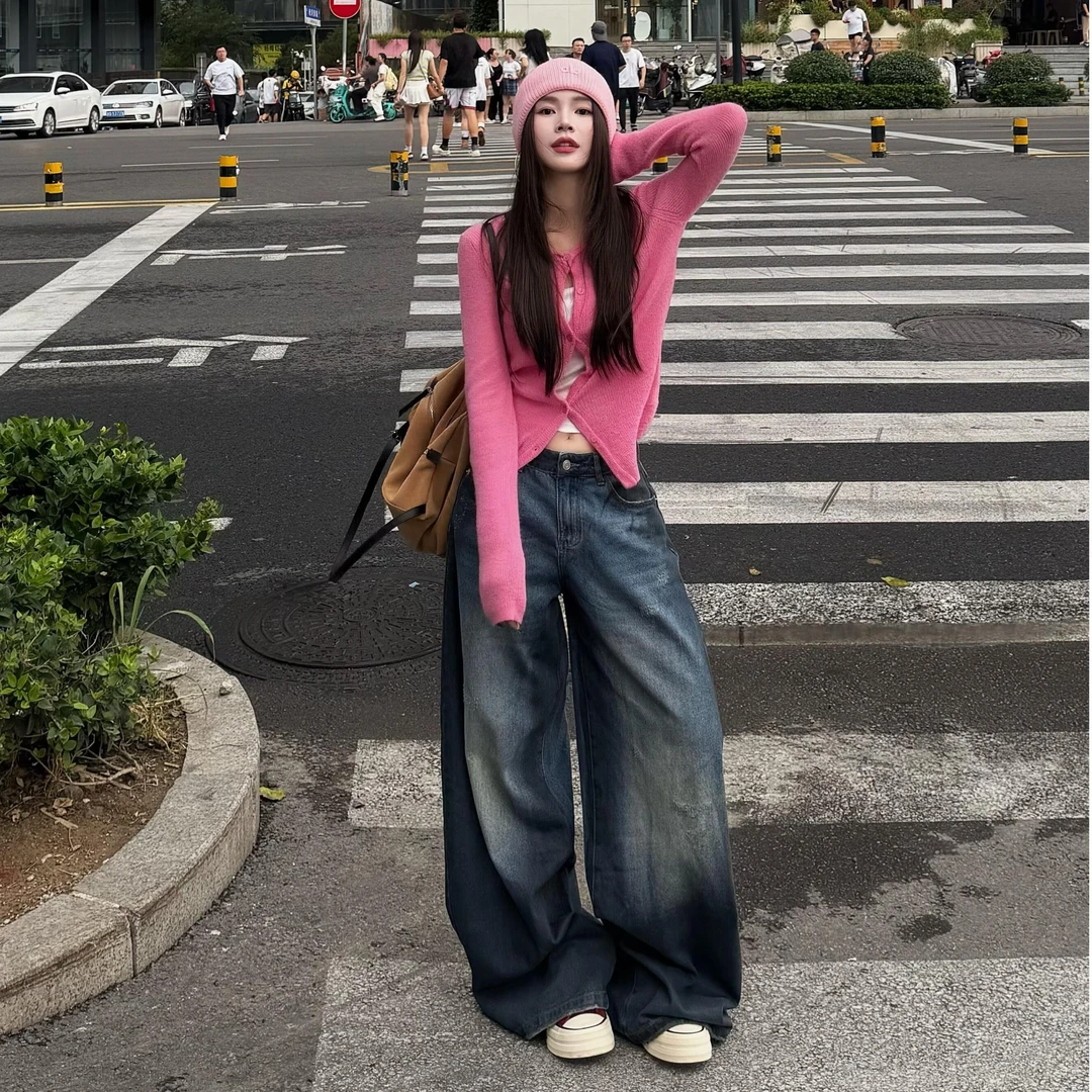 韩版穿搭粉色针织开衫女秋季新款设计感小众宽松显瘦修身外套上衣