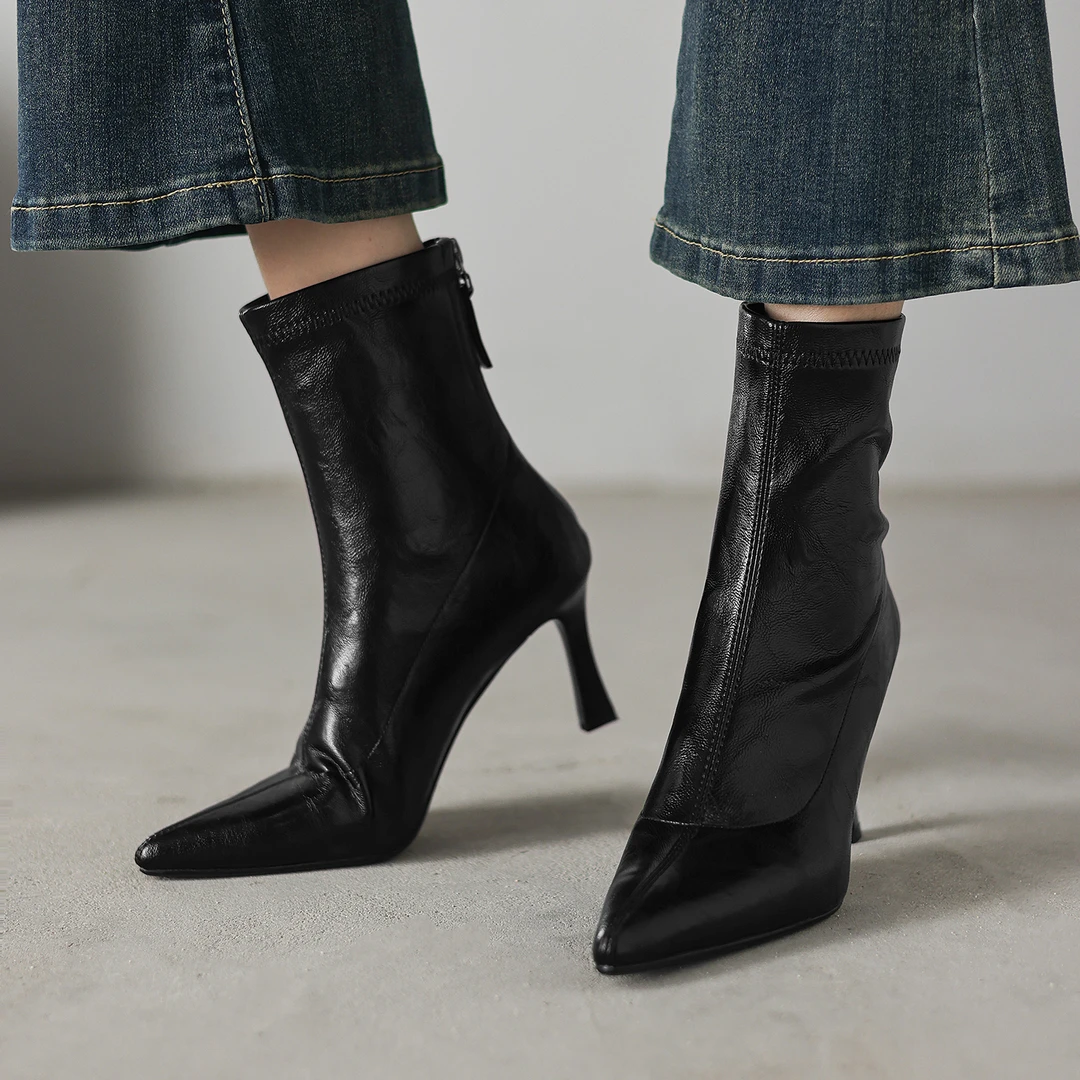 舒适百搭通勤弹力靴女高跟瘦瘦靴2025新款尖头细跟后拉链显瘦短靴