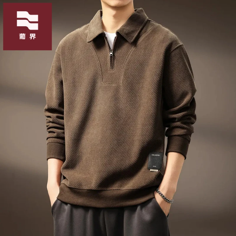 高端半拉链雪尼尔立领卫衣男秋冬加绒条绒长袖Polo衫宽松大码上衣