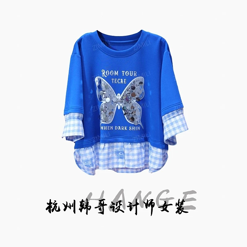【韩哥女装】2025欧版轻薄景泰蓝拼接衬衫蝴蝶珠片绣时尚短袖8860