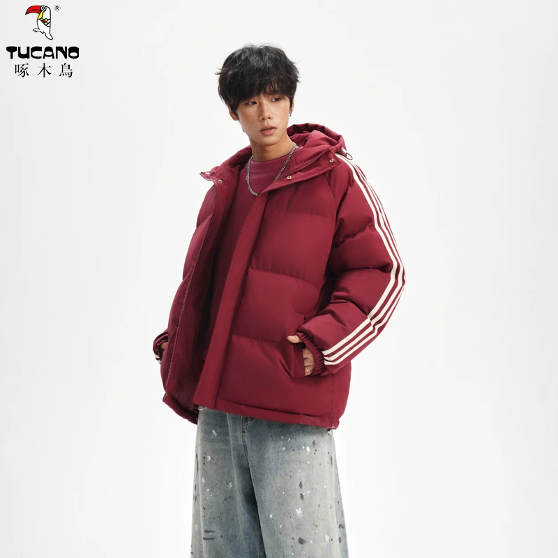啄木鳥冬季休闲百搭连帽三条杠大码棉衣男女同款保暖防风棉衣外套