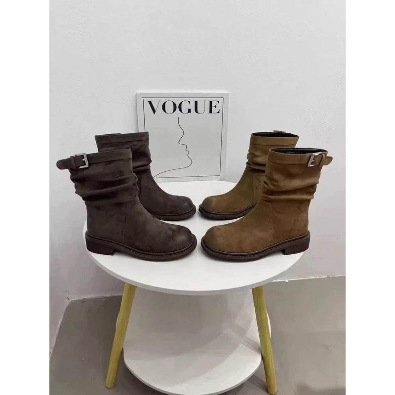 2025新款粗跟褶皱中筒堆堆靴百搭马丁靴显瘦短靴瘦瘦靴女5925-2F