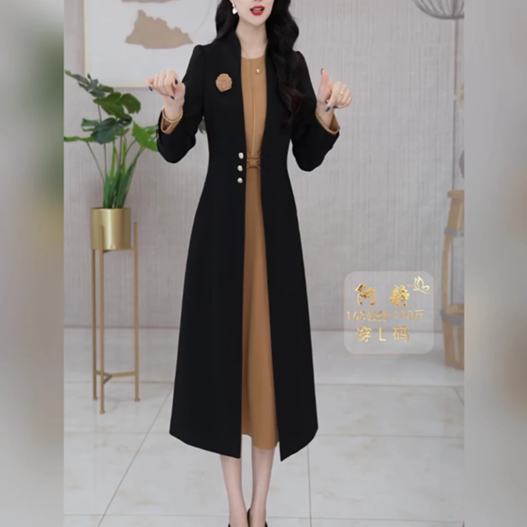 高档丽丝精纺两件套礼服裙2025秋季新洋气修身显瘦风衣连衣裙套装