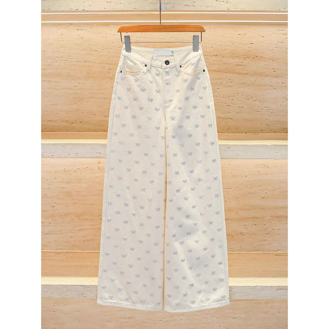 『朱小姐』象牙白满钻蝴蝶结休闲阔腿牛仔裤 G140