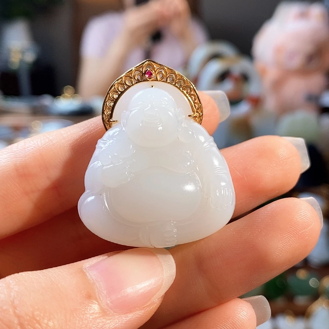 和田玉（白玉）18K金镶嵌吊坠(不含链)
