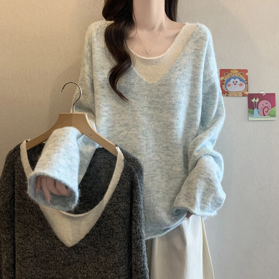 奶呼呼浅蓝色V领针织衫软糯毛衣女2025秋冬装大码胖mm中长款上衣