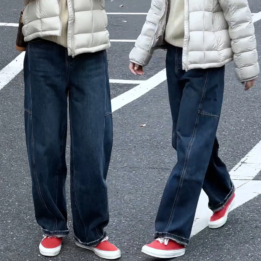 依梅儿高品质蓝色牛仔弯刀裤女2025年秋冬季新款香蕉裤加绒加厚阔