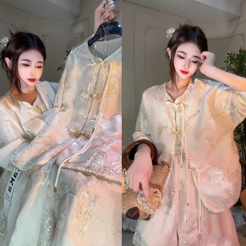 【白素鎏金】61503金线描边刺绣亮片上衣+松紧腰短裤两件套