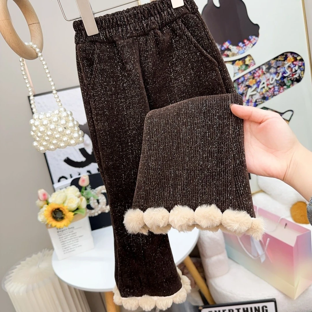 女童加绒裤子冬季加厚保暖新款洋气儿童宝宝小童长裤一体喇叭裤