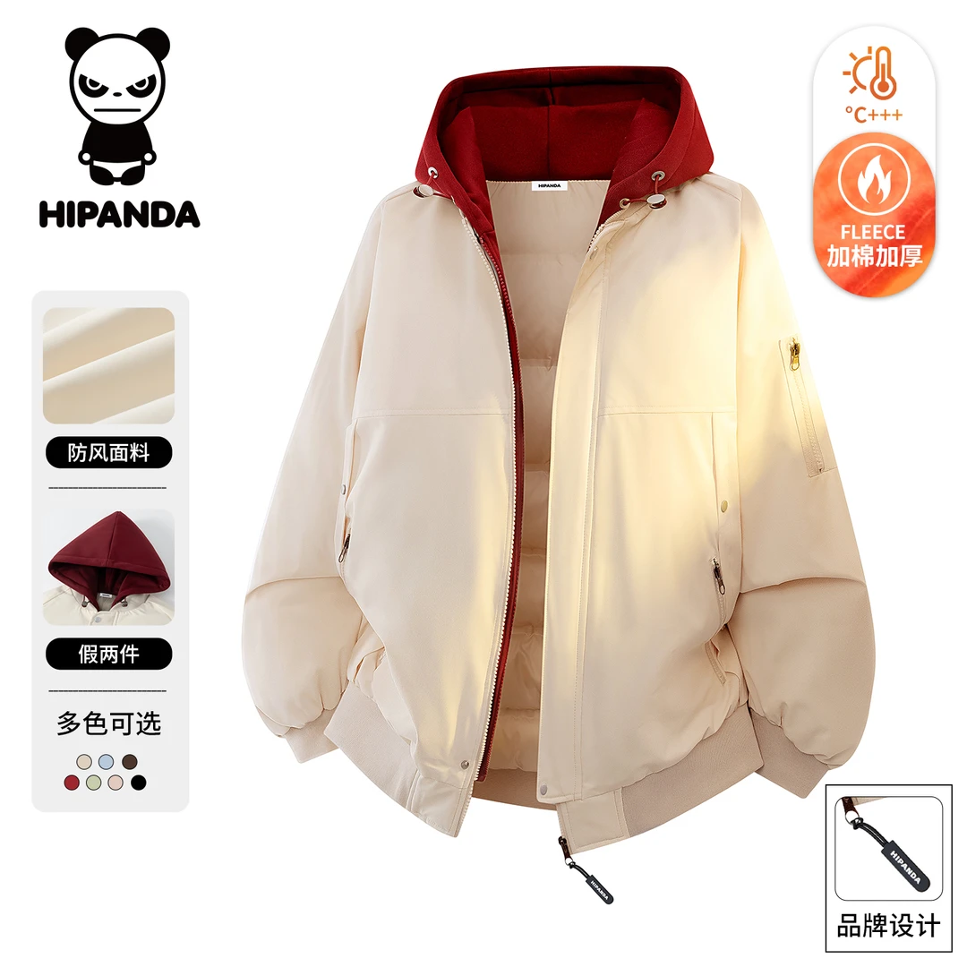 Hi Panda你好熊猫美式假两件连帽棉服男士冬季厚款保暖外套上衣男