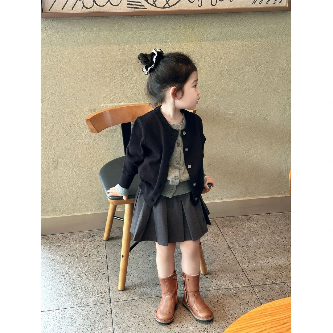 现货】壹妈韩版童装女童秋季套装洋气儿童假两件针织衫外套百褶裙