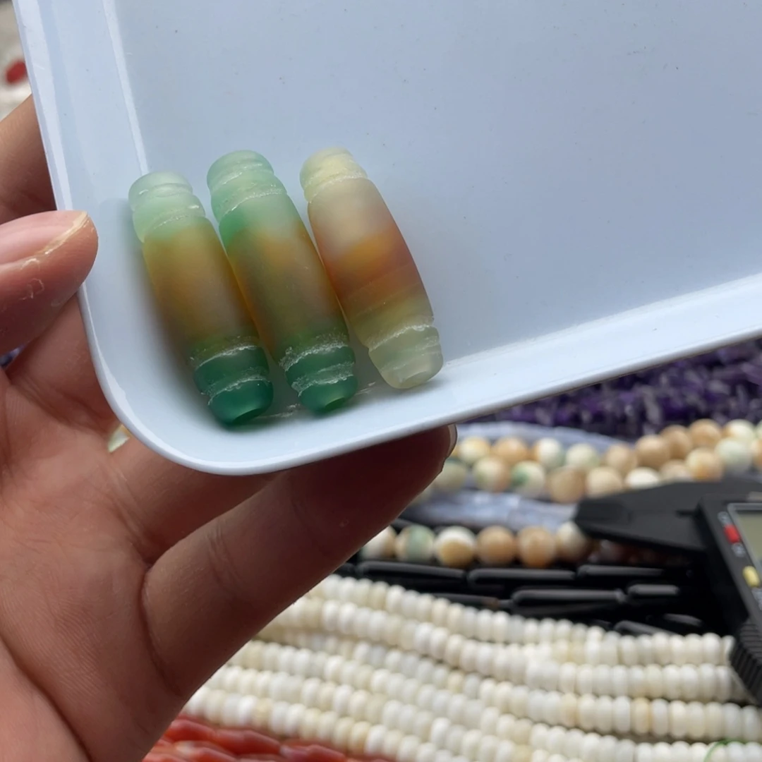 玛瑙/玉髓合金珠宝半成品打包三个磨砂孔雀玛瑙天珠11*38mm
