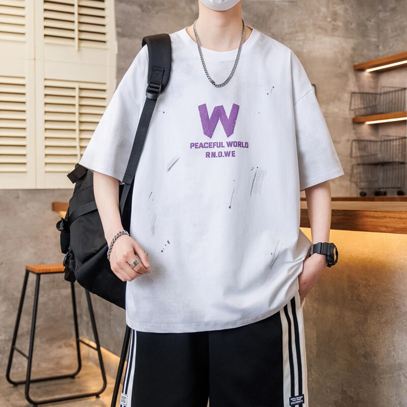 夏季青少年字母印花阔版t恤时尚百搭休闲五分短袖学生男装T恤