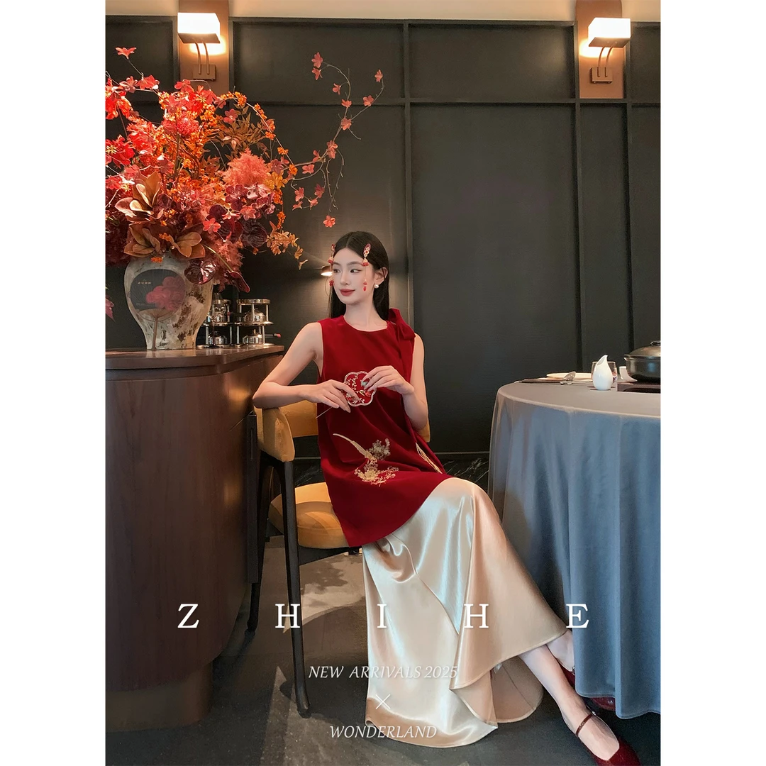 无艳一禾【金鹊】国风高棉蕾丝上衣+重工刺绣丝绒背心裙