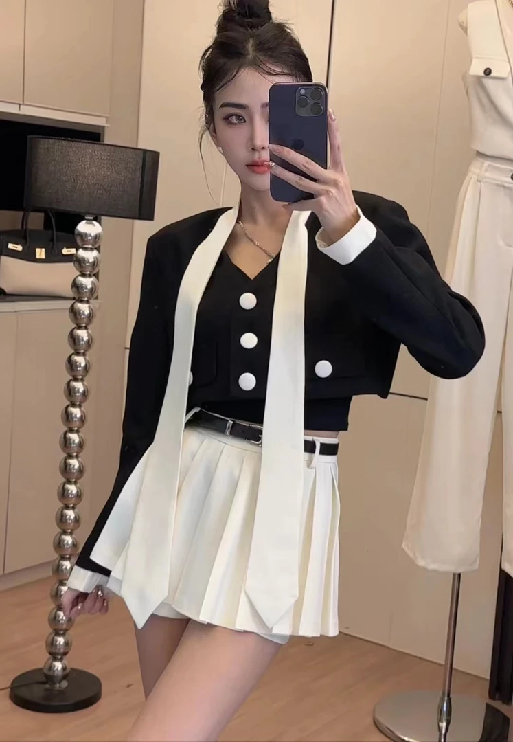 Bamancal秋冬韩系气质粗花呢外套百褶裙两件套名媛风