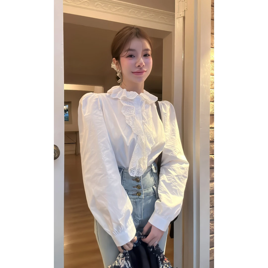 【HuiHui】韩国东大门新款花边领长袖衬衫感宽松打底叠穿上衣（A1510