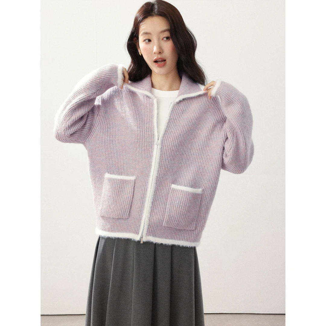 爱蔷薇大码软糯慵懒毛衣女紫色上衣2025秋冬开衫针织外套GT78480